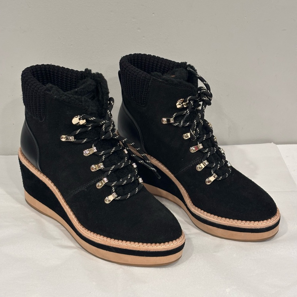 Kate Spade Willow Wedge Black Suede  and Tan Lace Up Boots - Picture 1 of 10